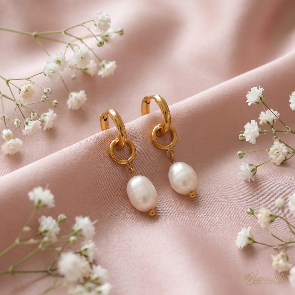 Gold Freshwater Pearl Drop Earrings for Women — Huggie Hoops 3