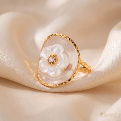 Gold Eternal Flower Ring — White Blossom on Crystal Disc