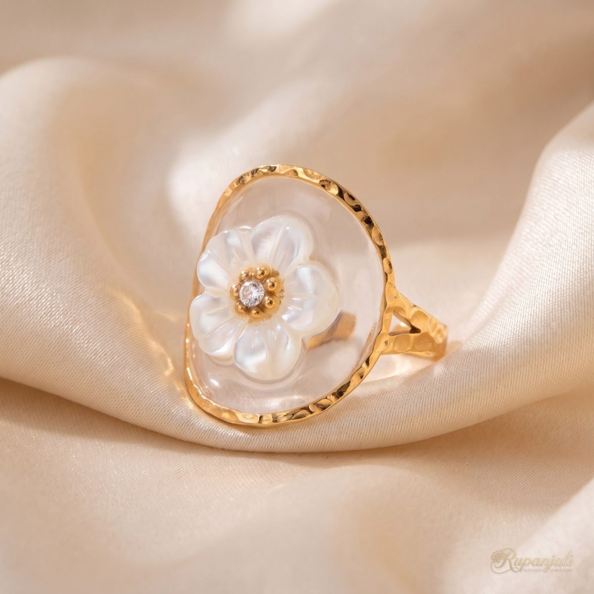 Gold Eternal Flower Ring — White Blossom on Crystal Disc 1