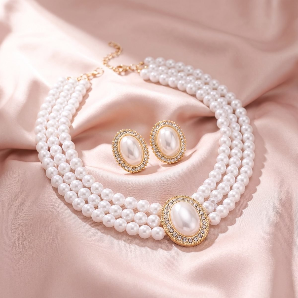 3-Strand Pearl Necklace & Earrings Set with Rhinestones for Women 3