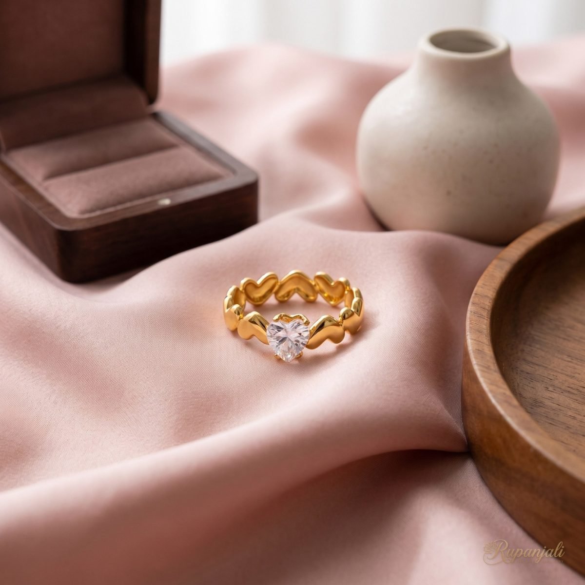 Gold Heart Zircon Ring — Band of Hearts with Heart CZ 2