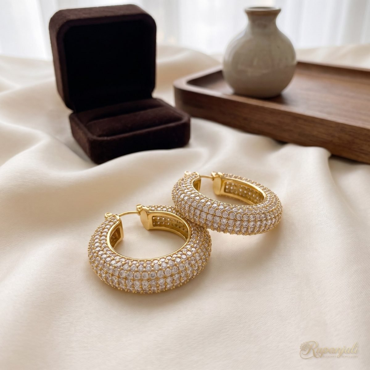 Gold Pavé Zircon Hoop Earrings for Women — White CZ Hoops 3
