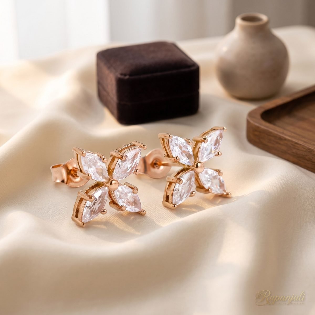 Rose Gold Flower Stud Earrings with Marquise CZ for Women 3