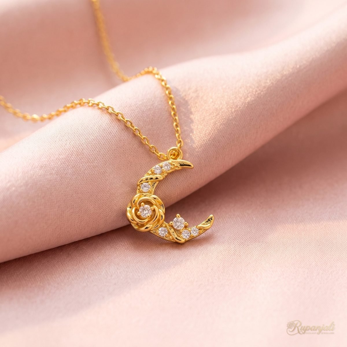 Crescent Moon Necklace — Rose & Stars 4