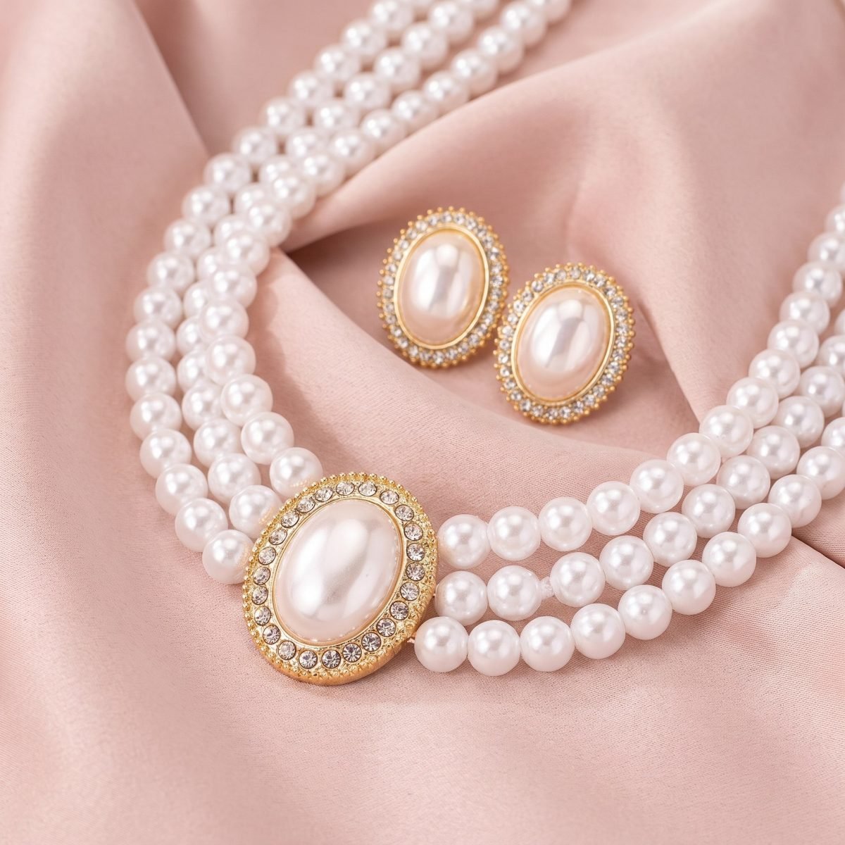 3-Strand Pearl Necklace & Earrings Set with Rhinestones for Women 6