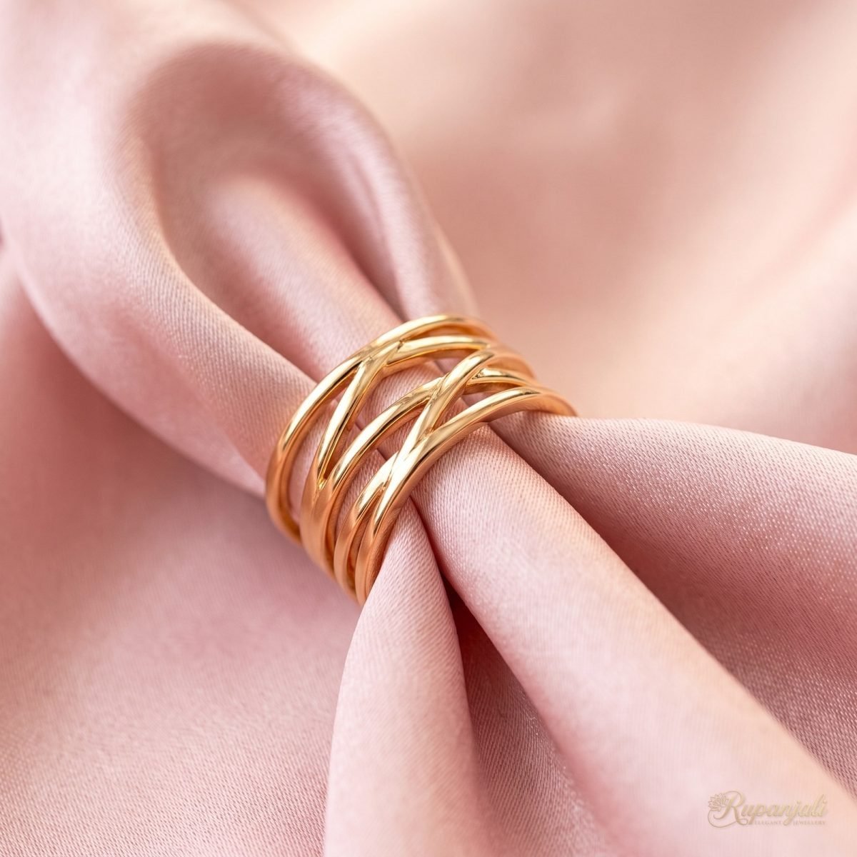 Gold Crossover Open Ring for Women — Woven Wide Band 4