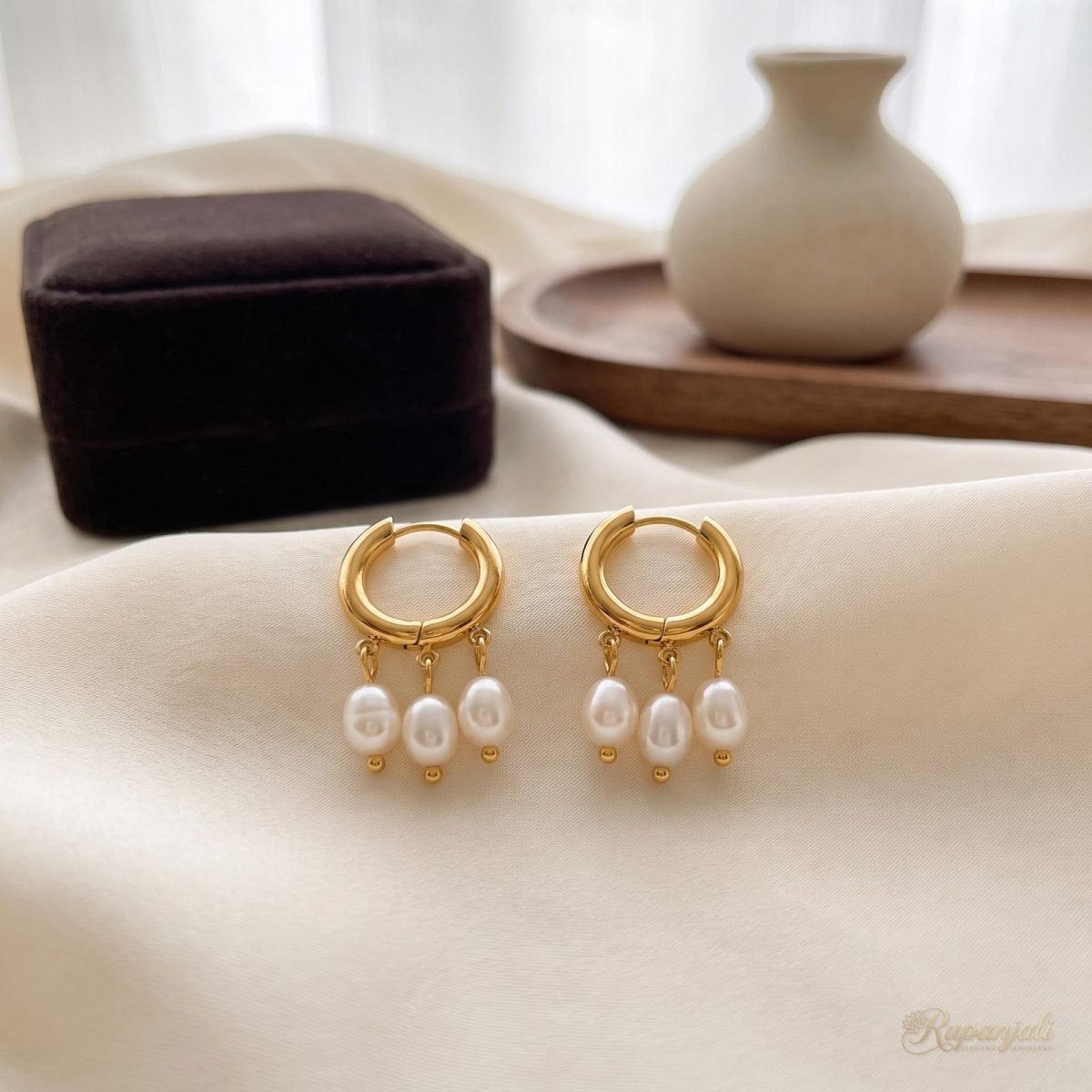 Gold Triple Pearl Hoop Earrings for Women — Freshwater Drops 2