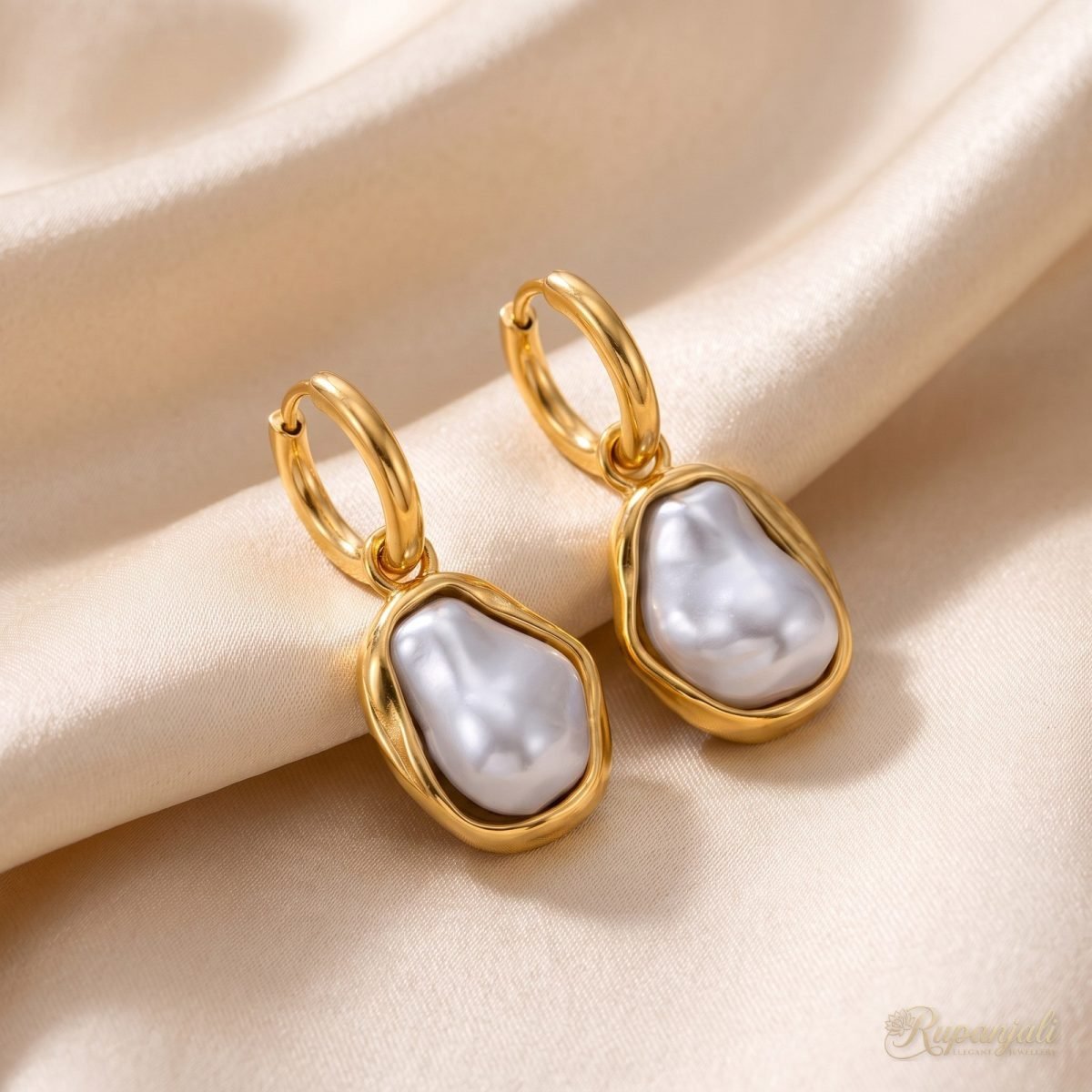 Gold-Tone Hoop Earrings with Baroque Pearl Drops for Women 2