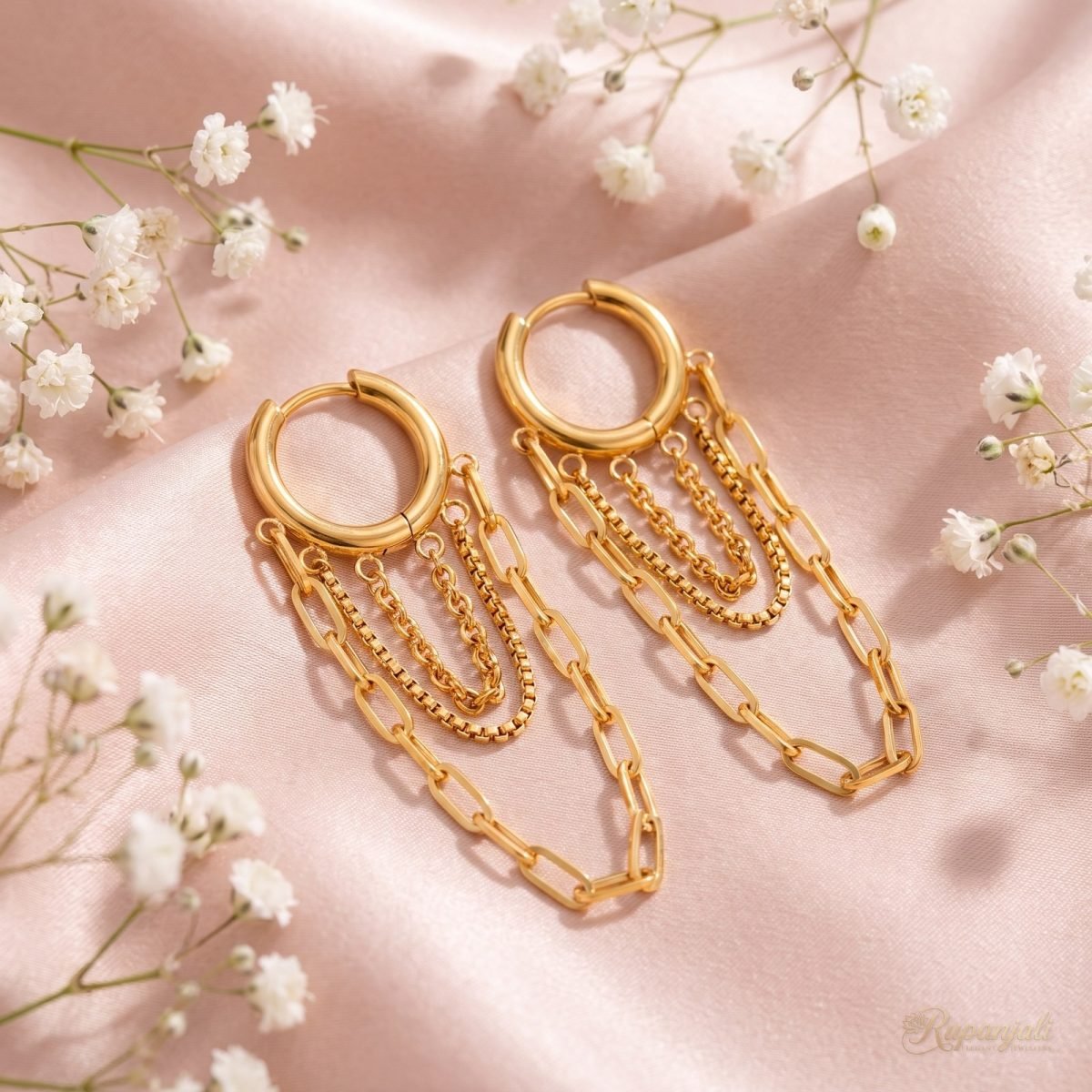 Gold Chain Tassel Hoop Earrings for Women — Layered Drop 3
