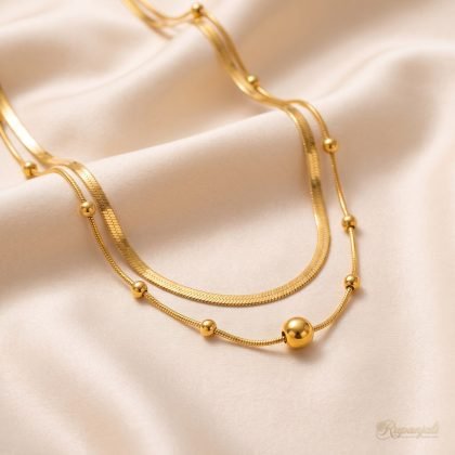 Double Layer Gold Necklace — Herringbone & Bead Snake Chain