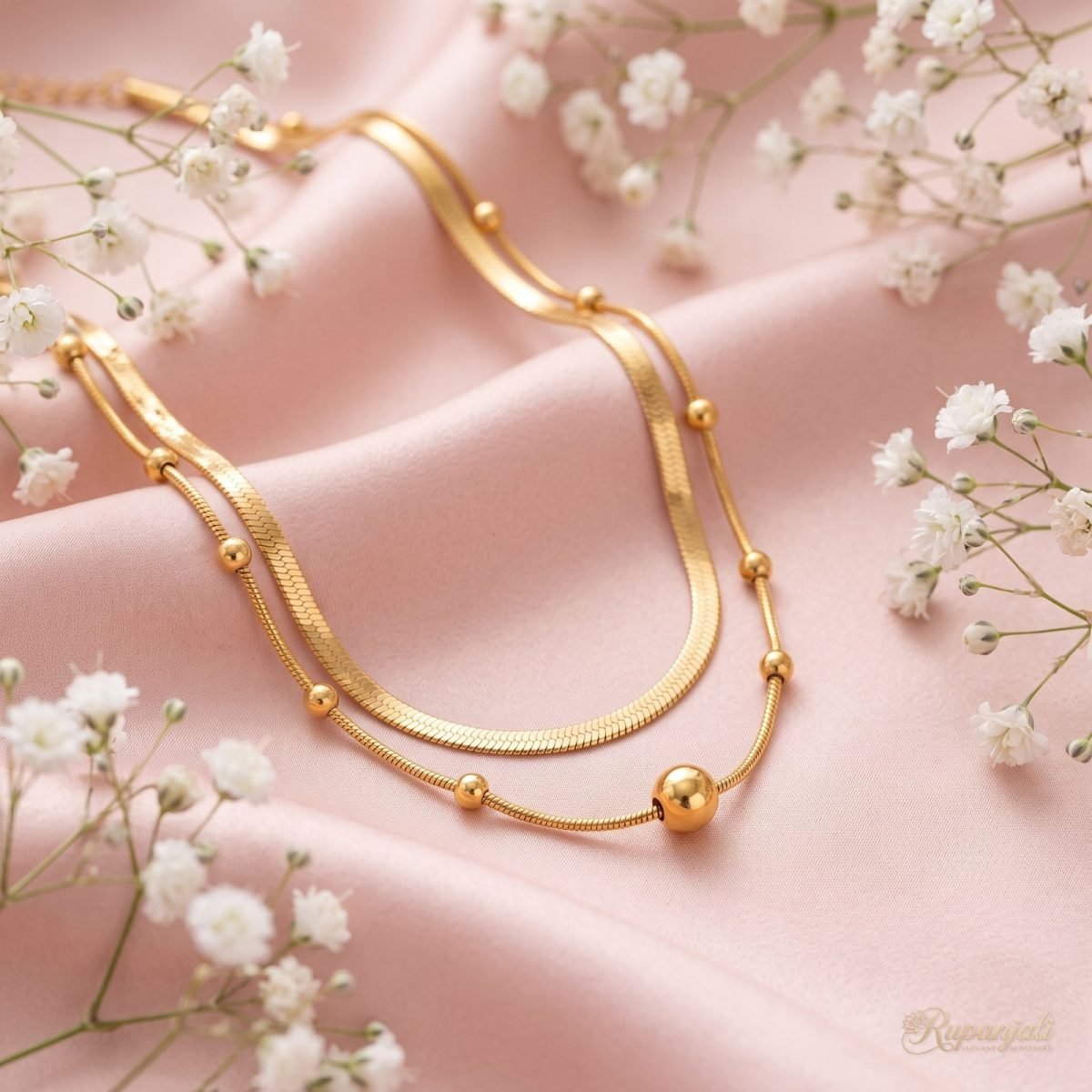 Double Layer Gold Necklace — Herringbone & Bead Snake Chain 3