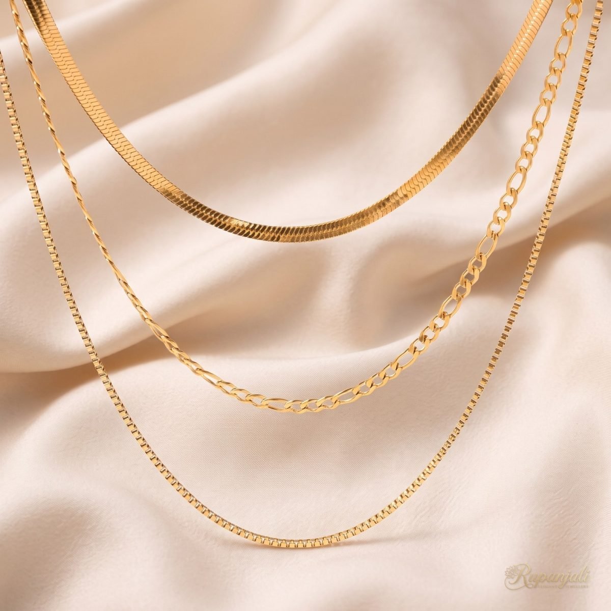 Gold Triple Layer Chain Necklace — Herringbone Figaro Box 1