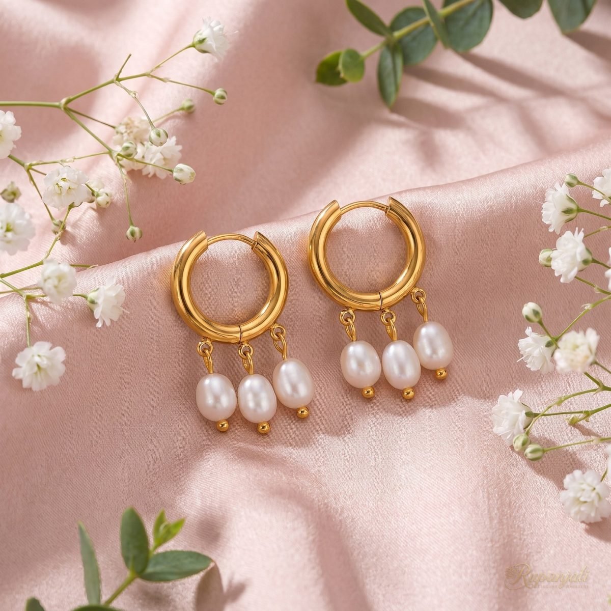 Gold Triple Pearl Hoop Earrings for Women — Freshwater Drops 3