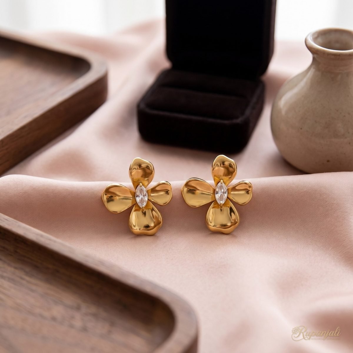 Gold Flower Stud Earrings with Marquise CZ for Women 2