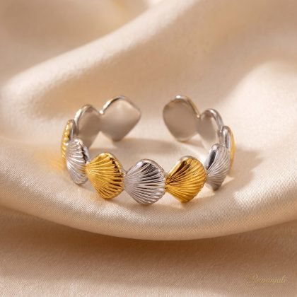 Two-Tone Shell Open Ring — Gold & Silver Scallop Band