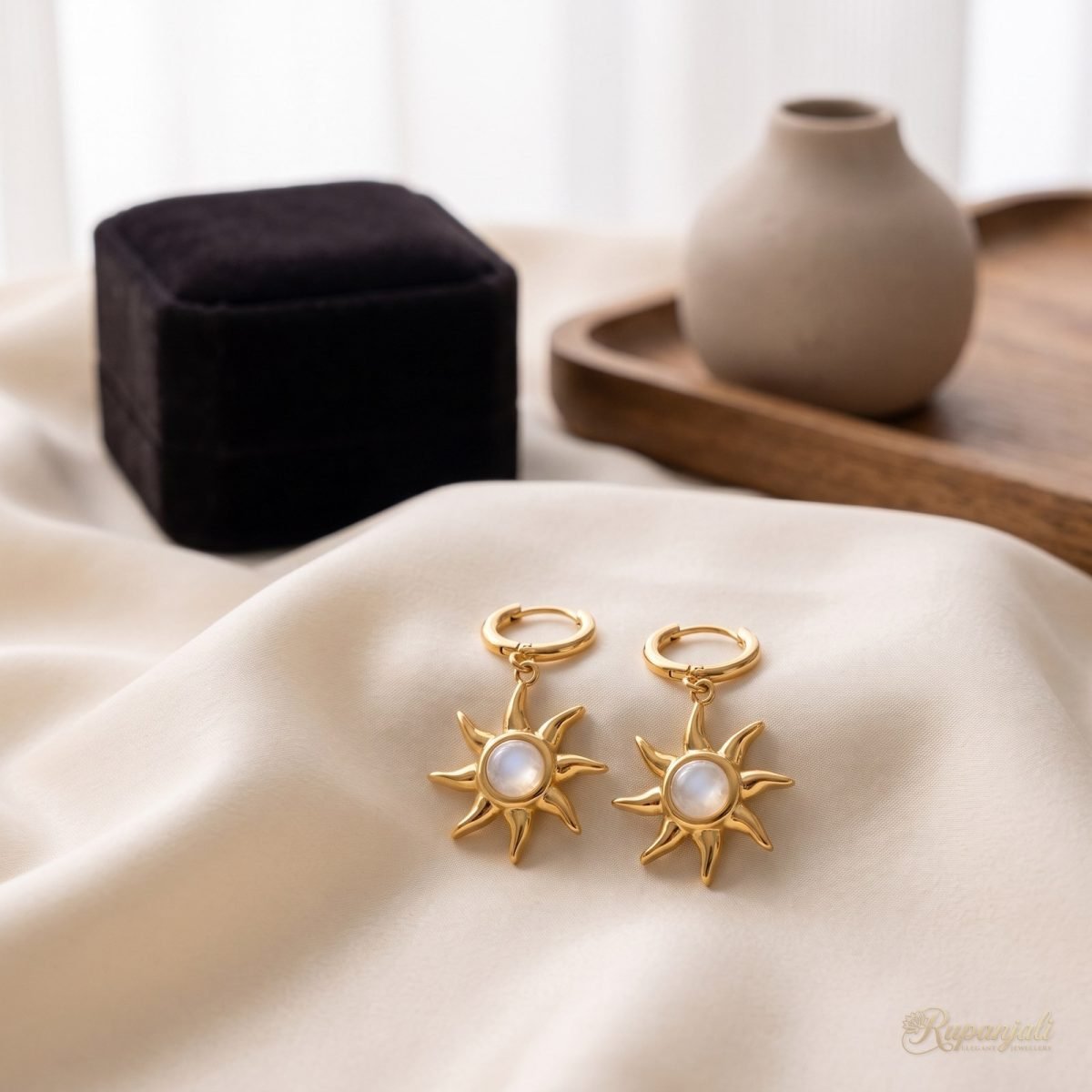 Gold Moonstone Sun Earrings for Women — Celestial Drops 2