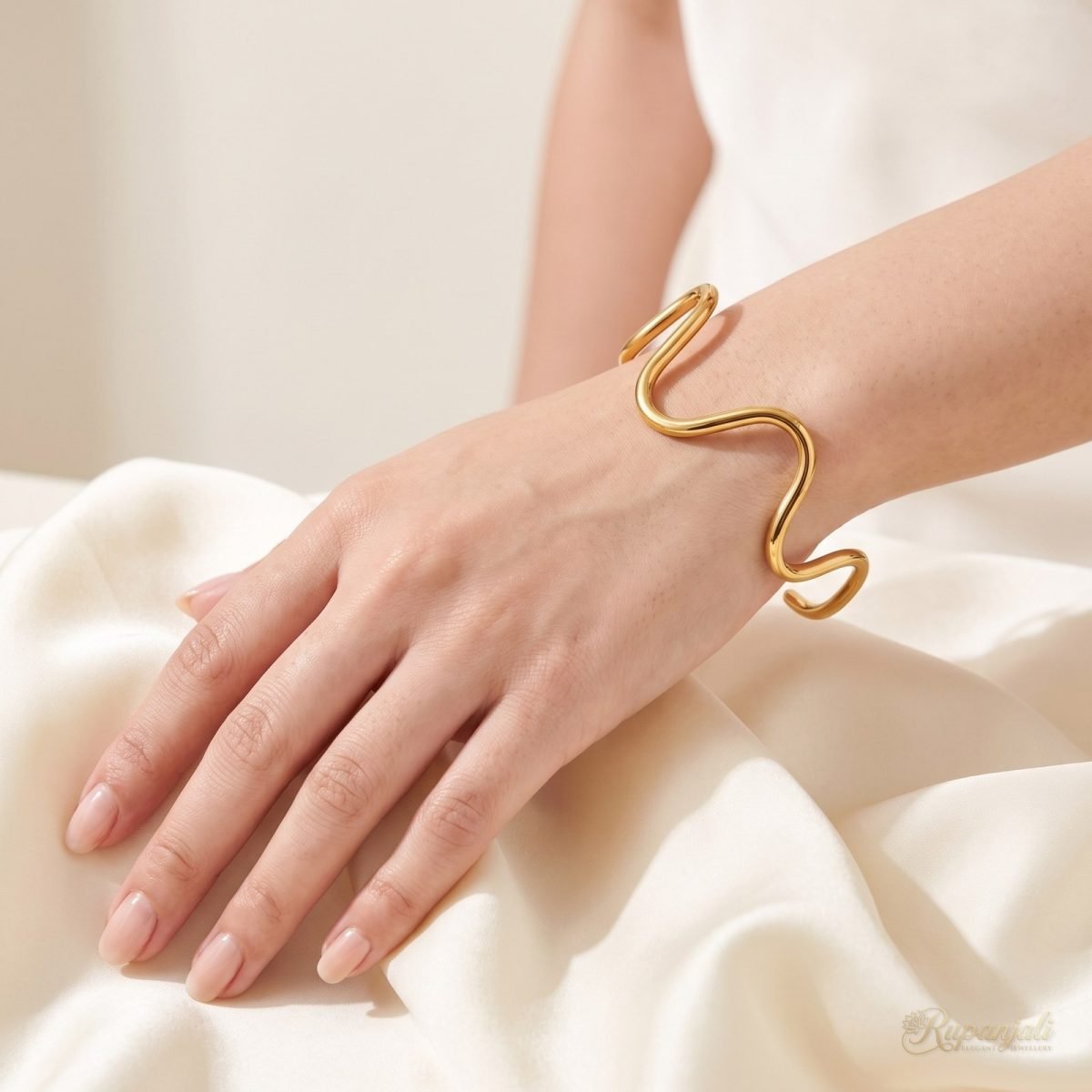 Gold Wavy Open Cuff Bracelet for Women — Sculptural Bangle 5