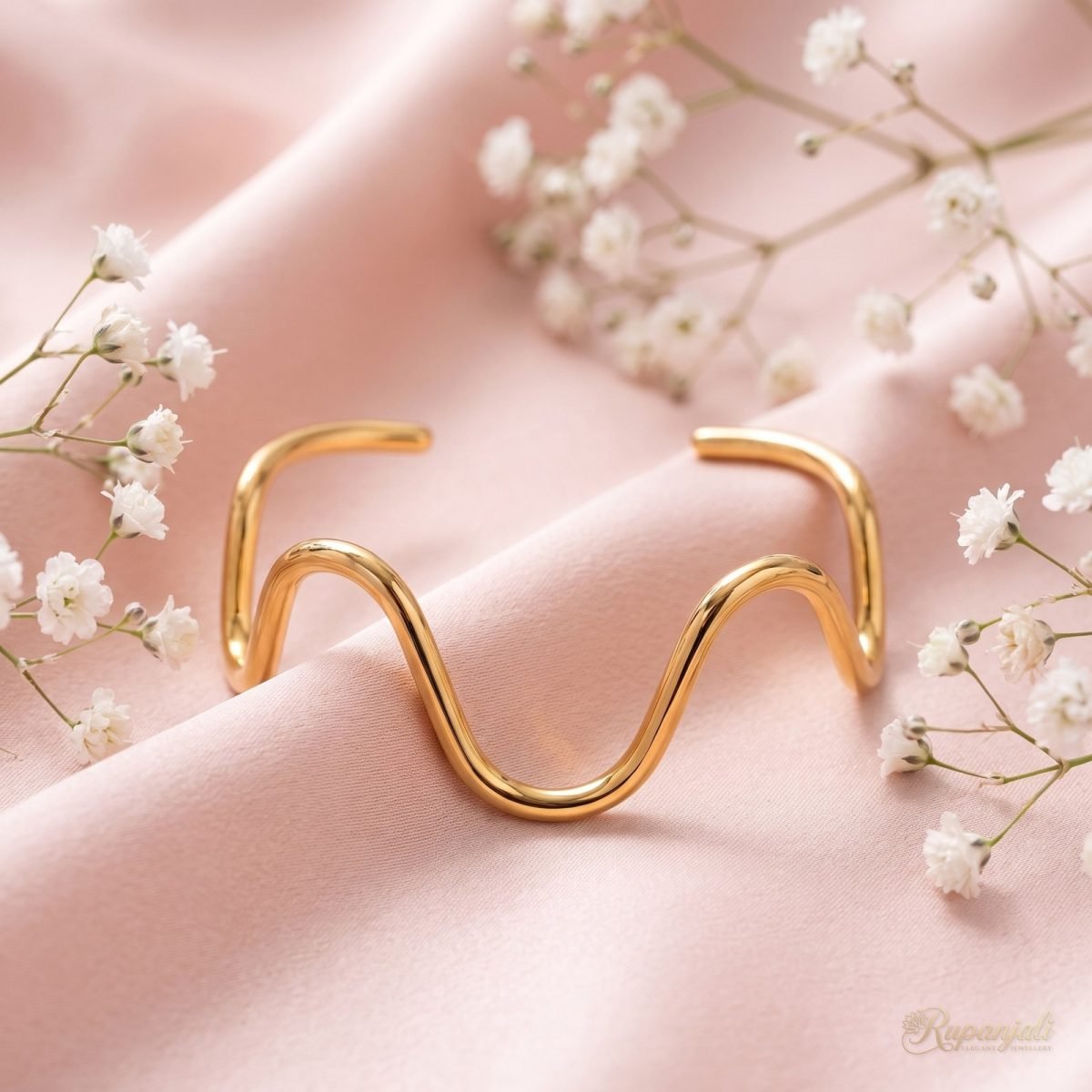 Gold Wavy Open Cuff Bracelet for Women — Sculptural Bangle 3