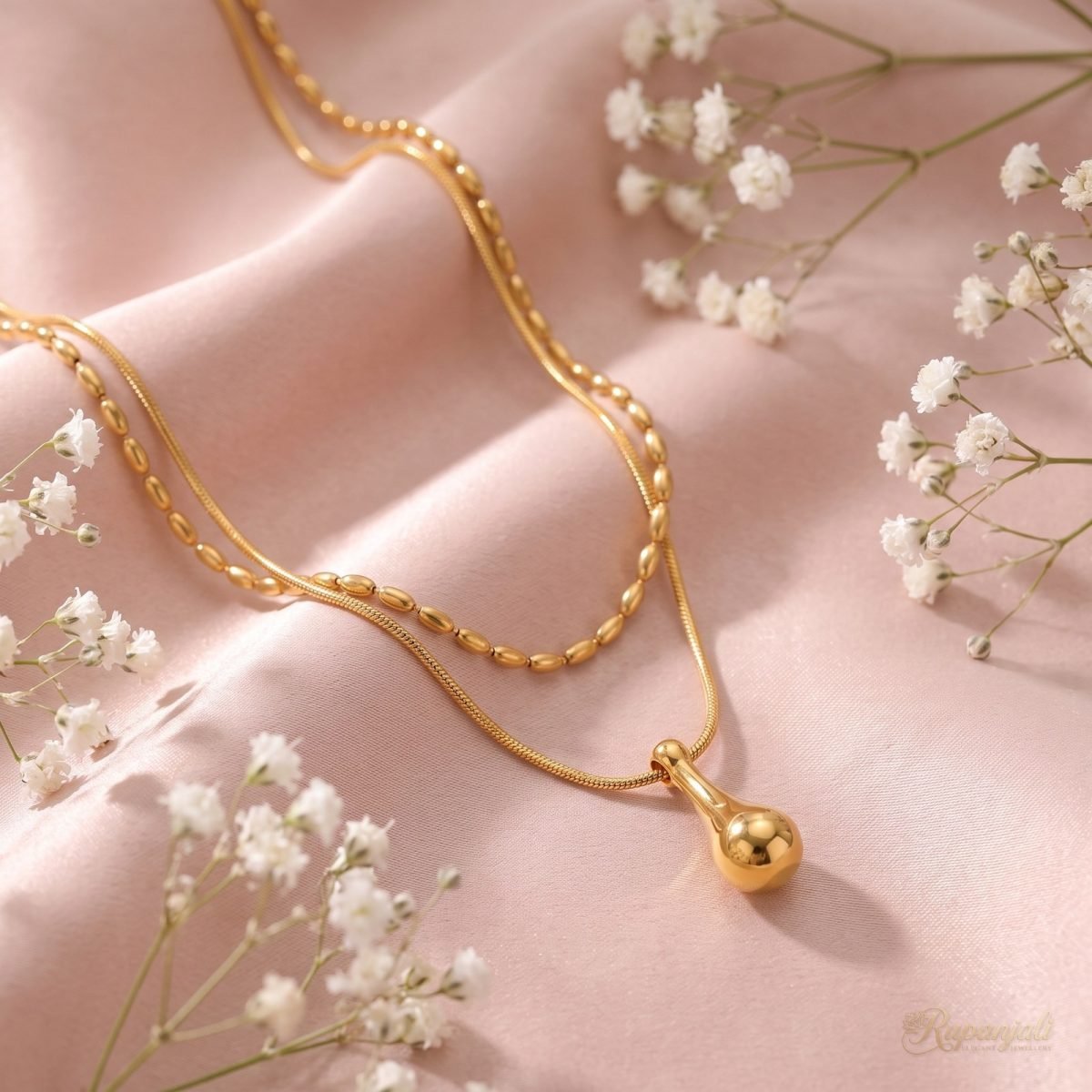 Gold Double Chain Water Drop Necklace for Women — Layered 3
