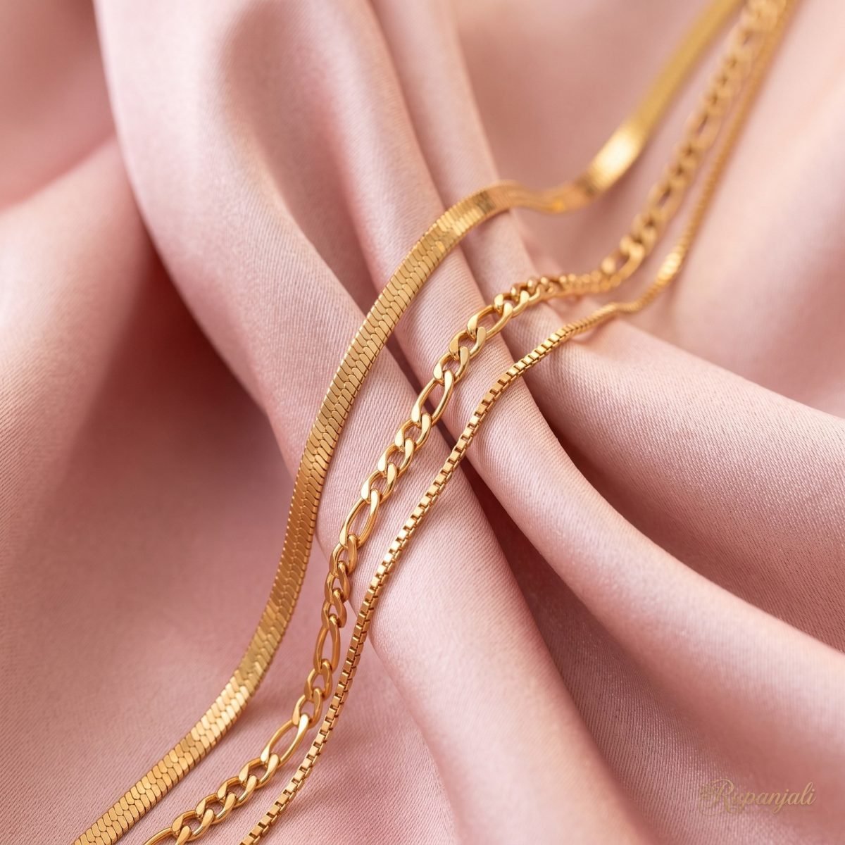 Gold Triple Layer Chain Necklace — Herringbone Figaro Box 4