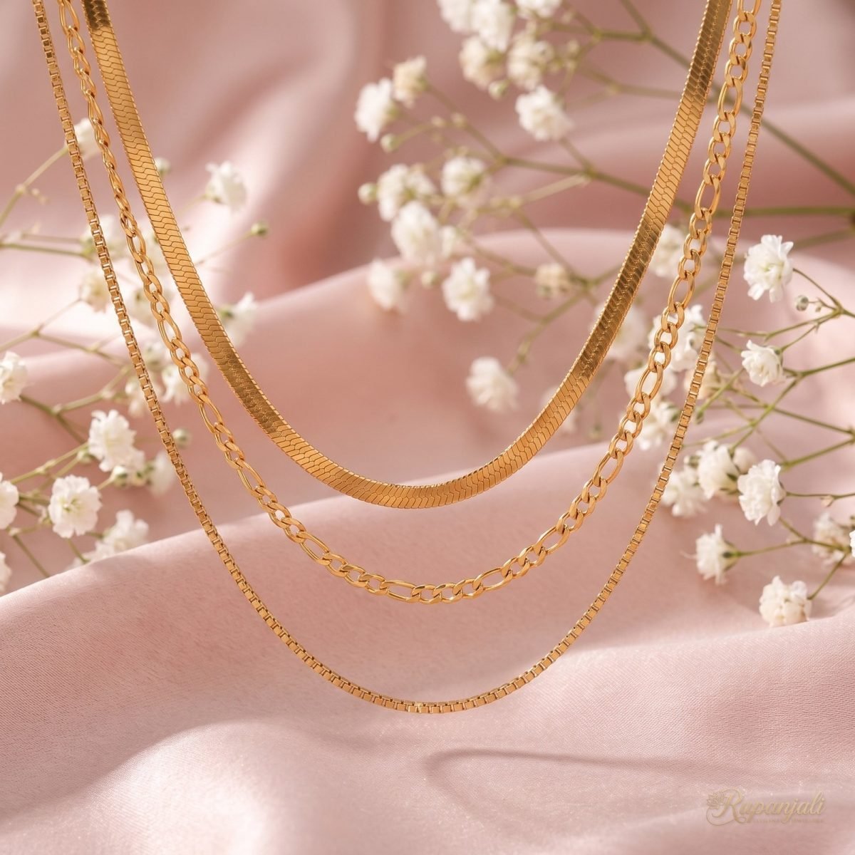 Gold Triple Layer Chain Necklace — Herringbone Figaro Box 3