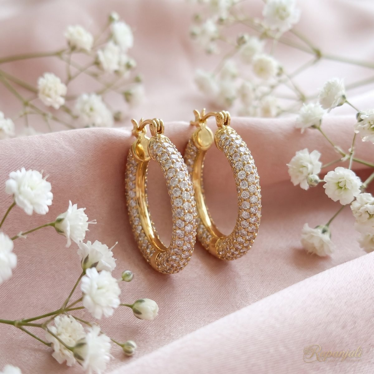 Gold Pavé Zircon Hoop Earrings for Women — White CZ Hoops 4