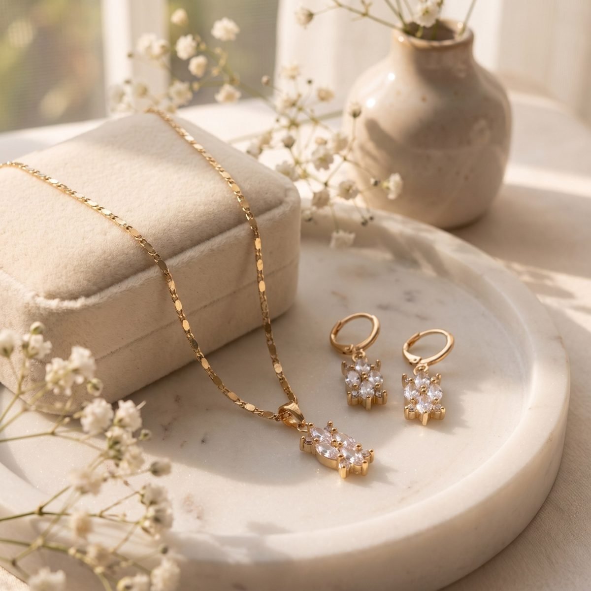 Gold-Tone CZ Flower Pendant & Earrings Jewellery Set for Women 4