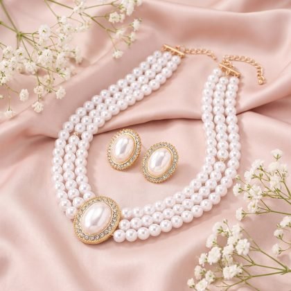 3-Strand Pearl Necklace & Earrings Set with Rhinestones for Women
