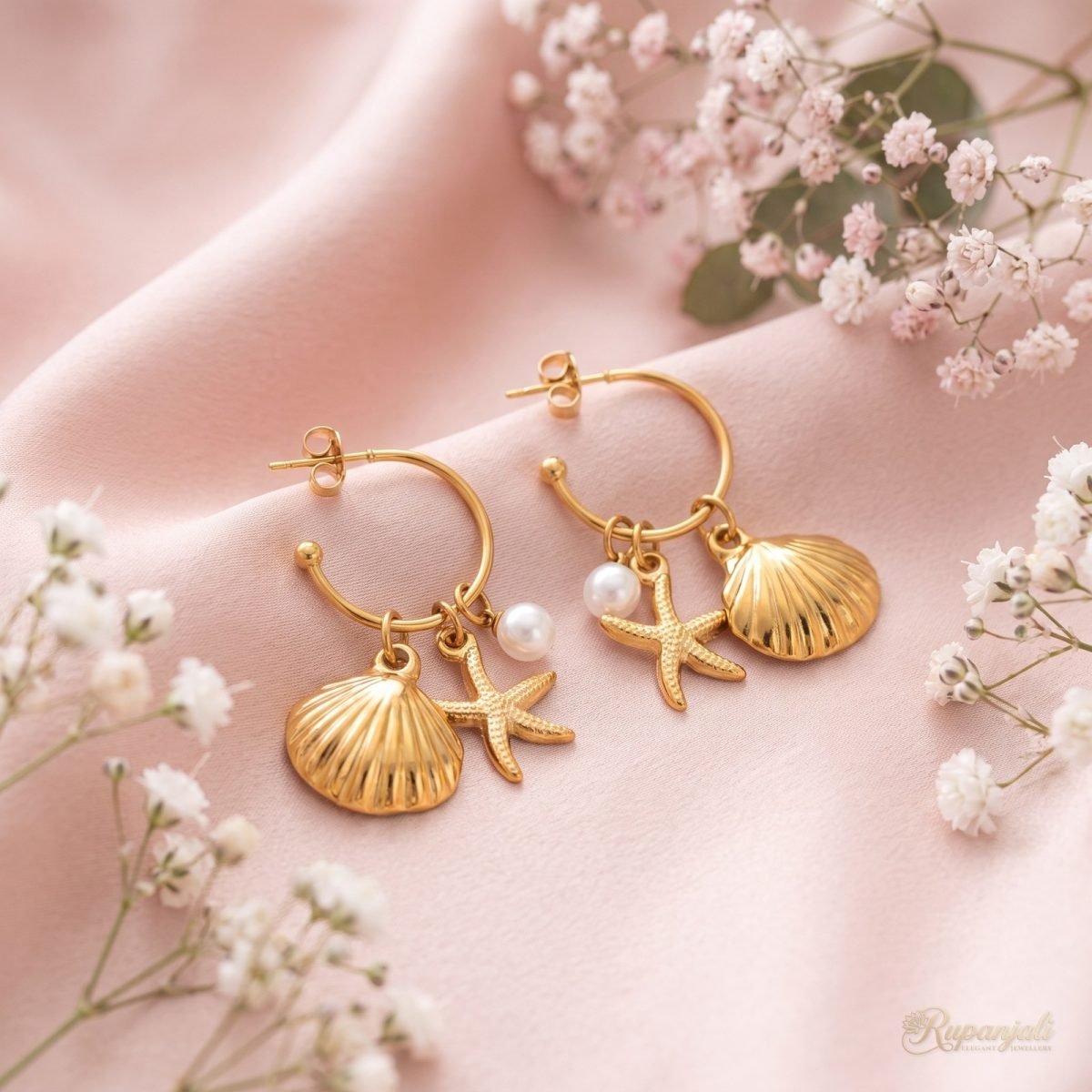 Gold Shell Starfish Pearl Hoop Earrings — Ocean Charms 3