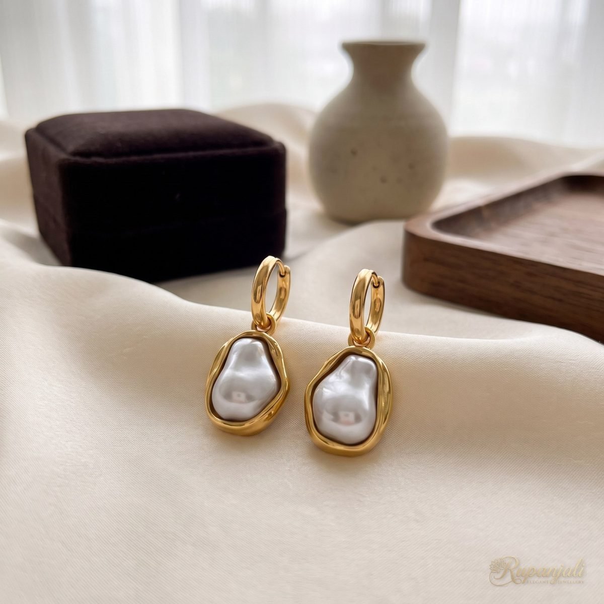 Gold-Tone Hoop Earrings with Baroque Pearl Drops for Women 3
