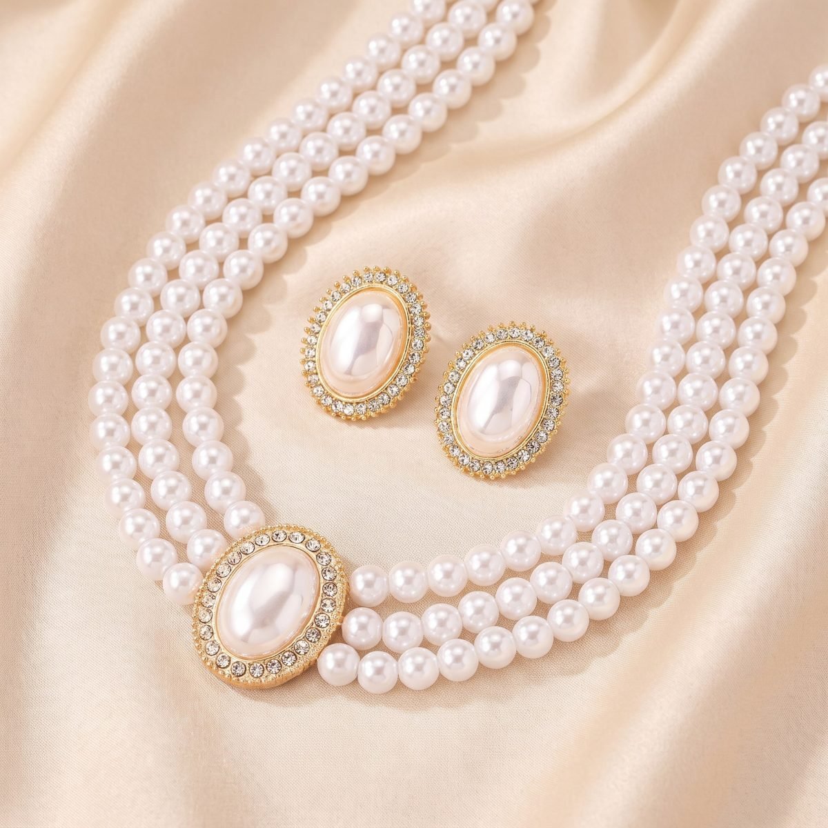 3-Strand Pearl Necklace & Earrings Set with Rhinestones for Women 4