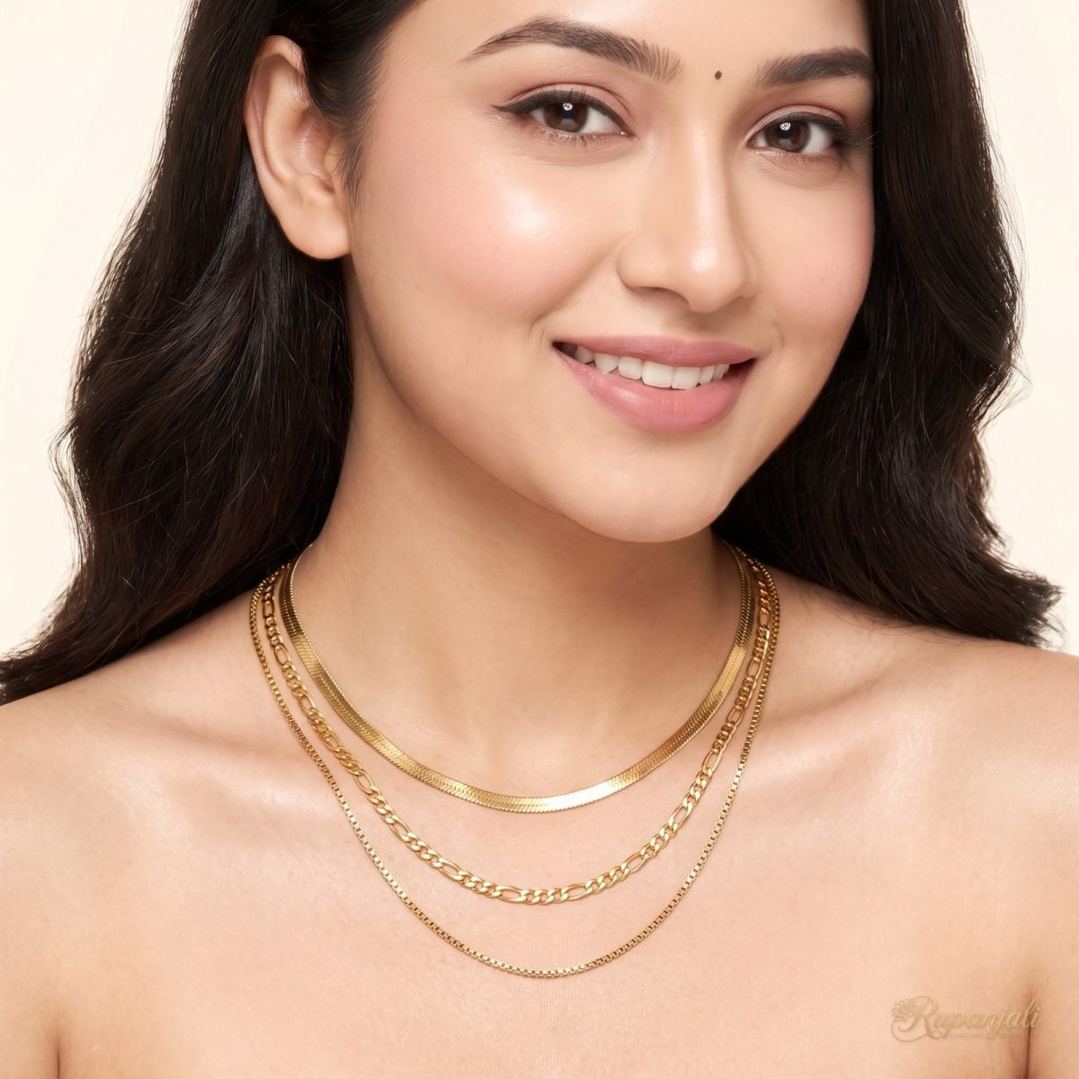 Gold Triple Layer Chain Necklace — Herringbone Figaro Box 5
