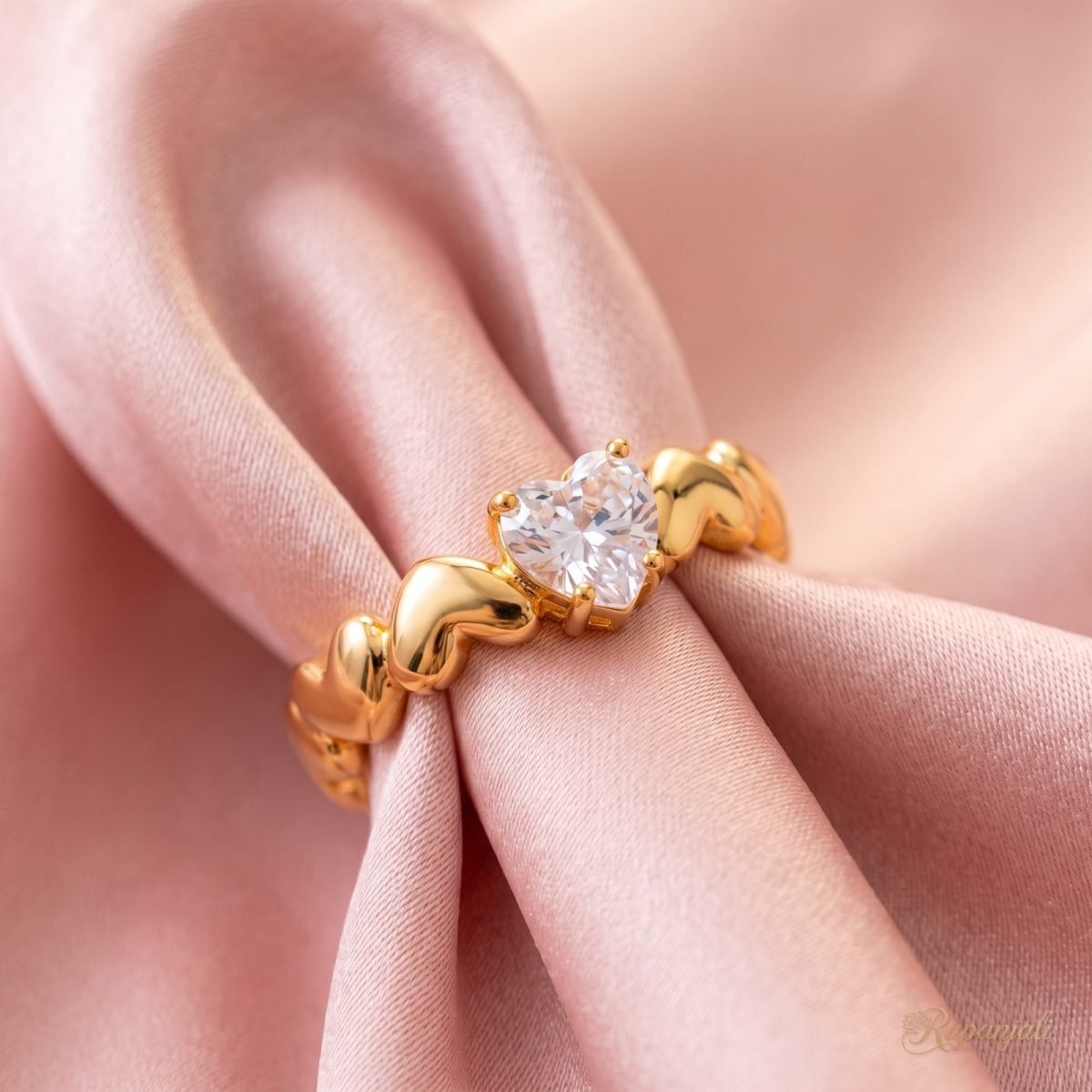 Gold Heart Zircon Ring — Band of Hearts with Heart CZ 4