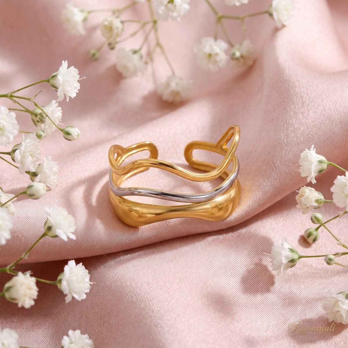 Three-Layer Wavy Ring — French Gold & Silver Colour Block 3
