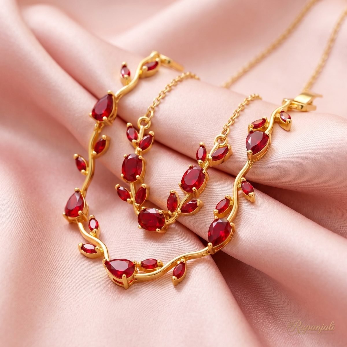Red Zircon Branch Jewellery Set — Necklace & Bracelet 4