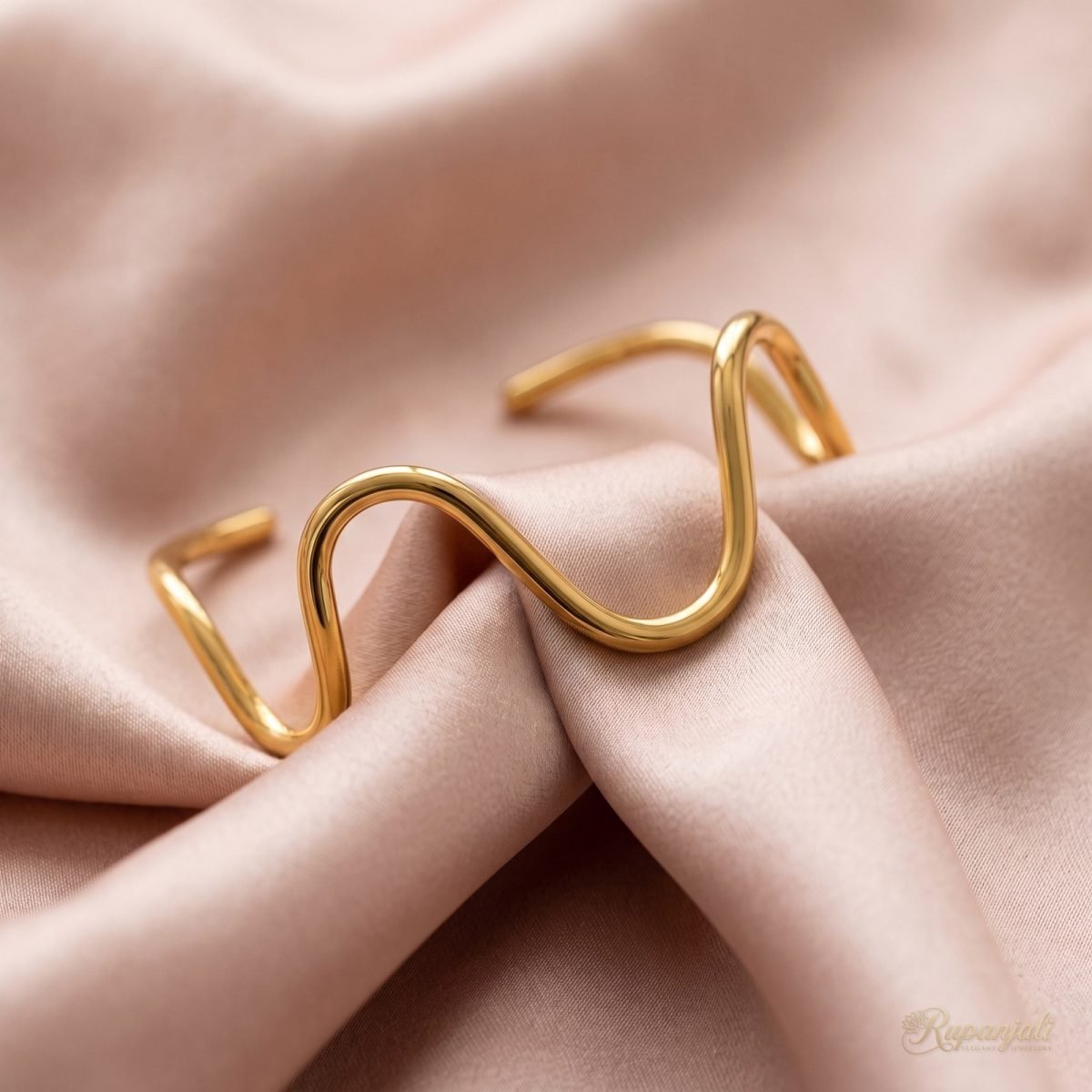 Gold Wavy Open Cuff Bracelet for Women — Sculptural Bangle 4