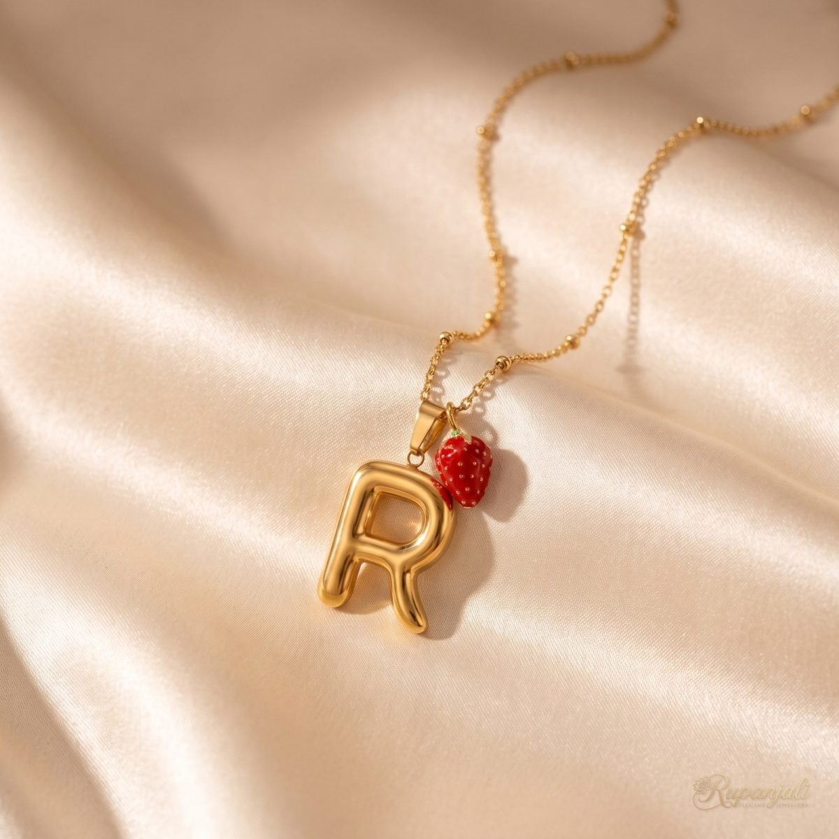 Letter R Strawberry Necklace — Bubble Initial Charm 1