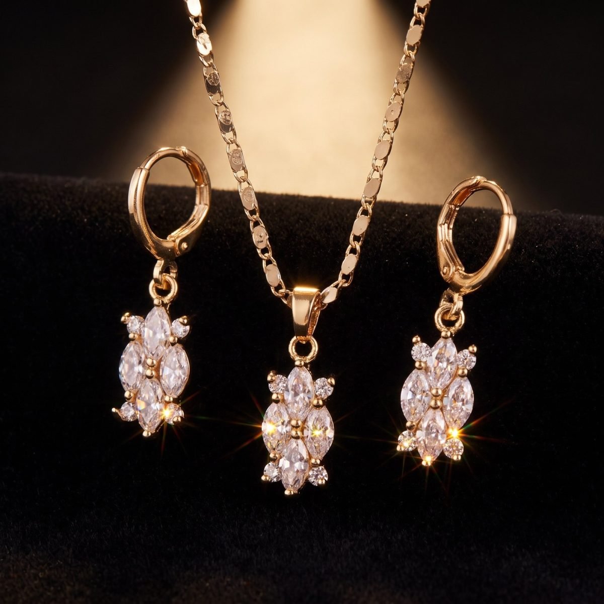 Gold-Tone CZ Flower Pendant & Earrings Jewellery Set for Women 3