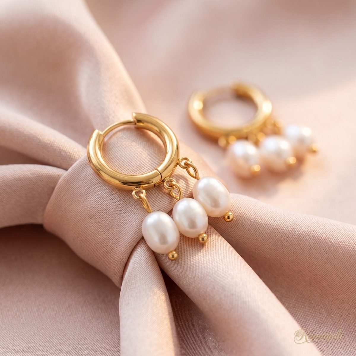 Gold Triple Pearl Hoop Earrings for Women — Freshwater Drops 4