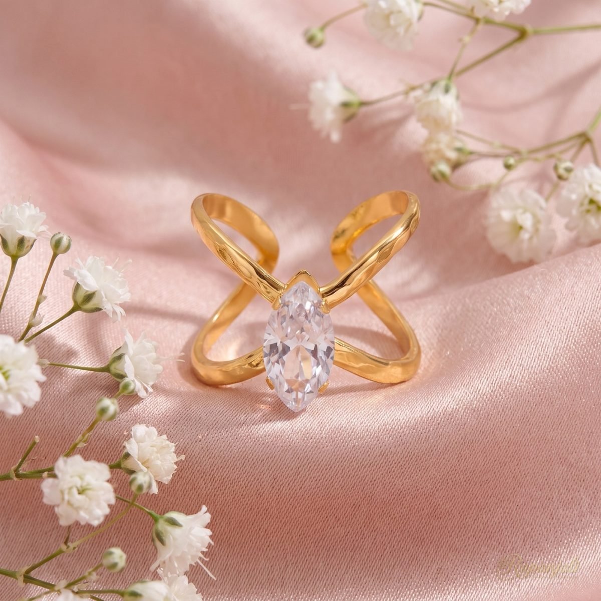 Gold Cross X Zircon Ring — Criss-Cross Marquise Statement 3