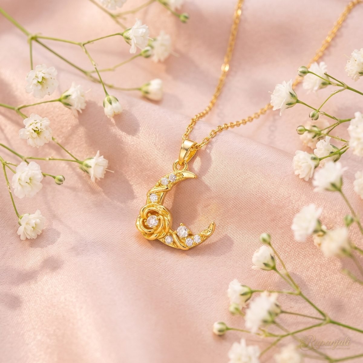 Crescent Moon Necklace — Rose & Stars 3
