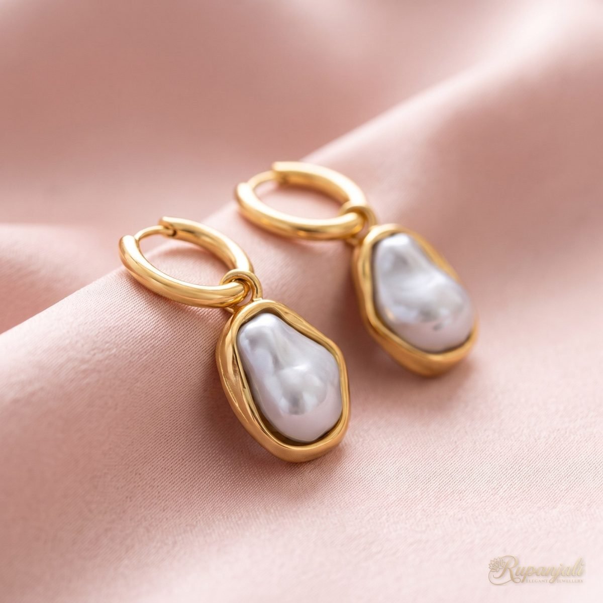 Gold-Tone Hoop Earrings with Baroque Pearl Drops for Women 5