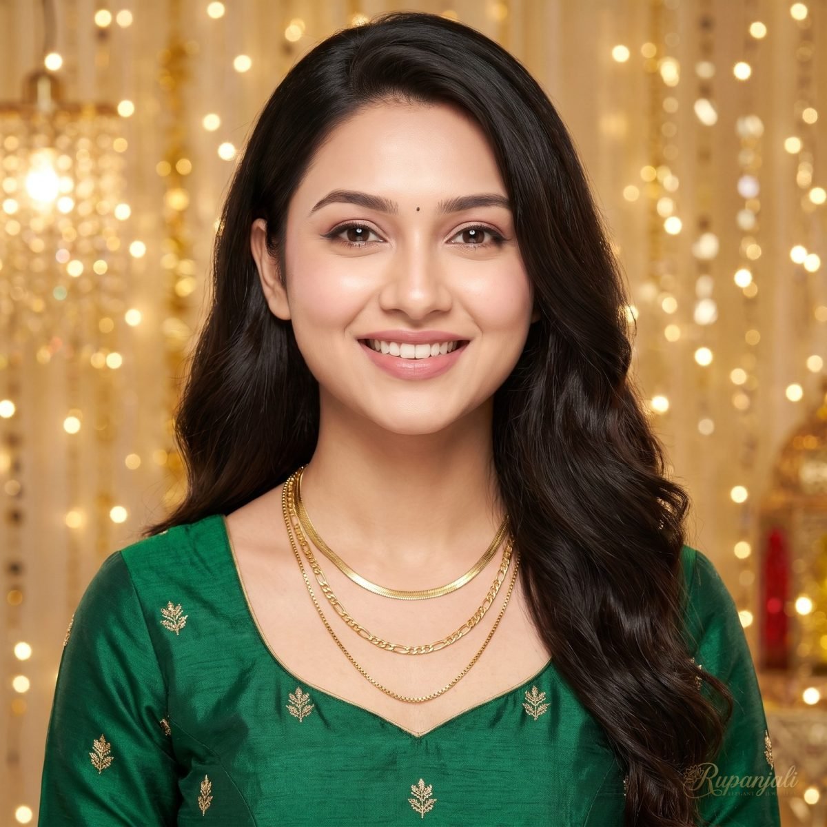 Gold Triple Layer Chain Necklace — Herringbone Figaro Box 7