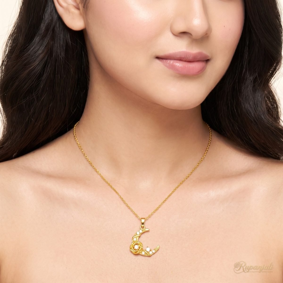 Crescent Moon Necklace — Rose & Stars 5