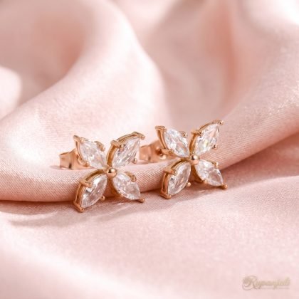 Rose Gold Flower Stud Earrings with Marquise CZ for Women