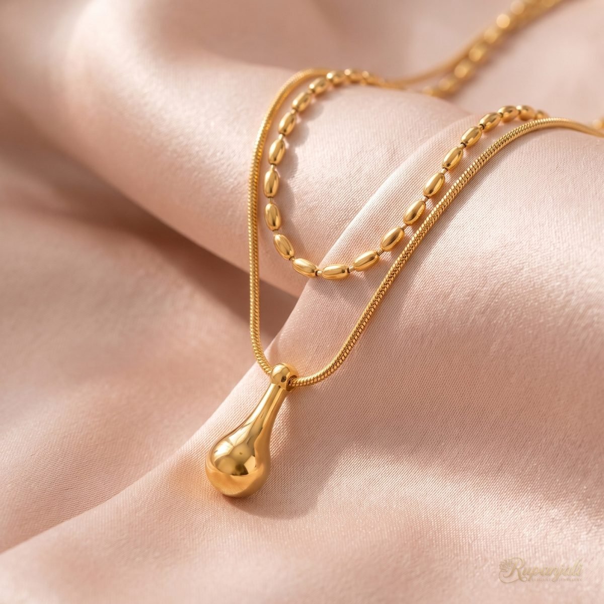 Gold Double Chain Water Drop Necklace for Women — Layered 4
