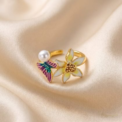 Butterfly Lily Ring — Enamel Bloom & Pearl