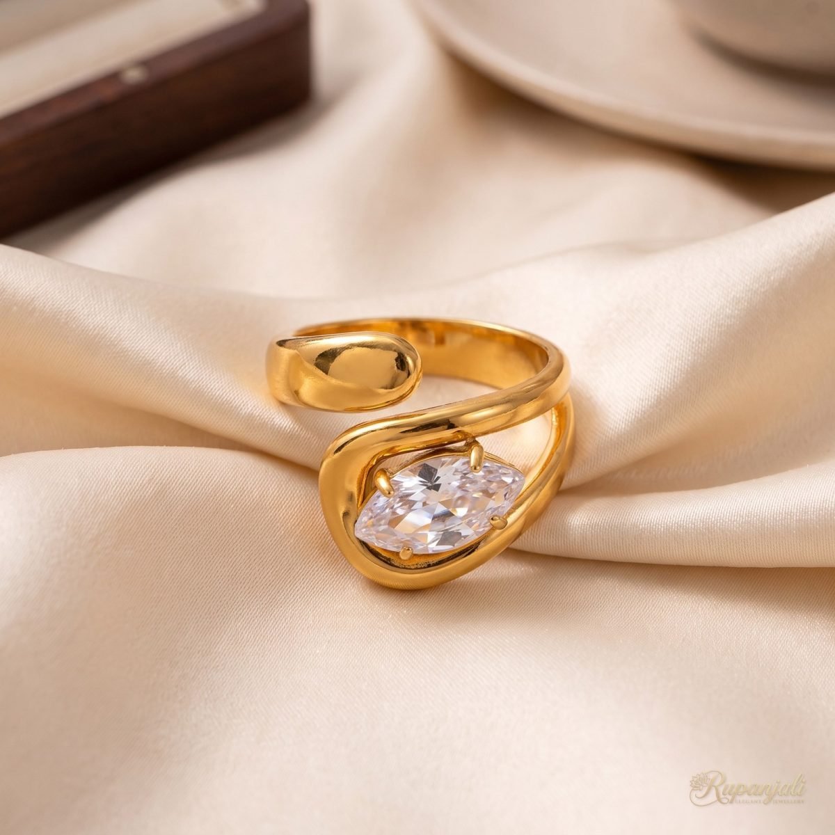 Marquise Zircon Wrap Ring — 18K Gold Plated Fluid Sculpture 1