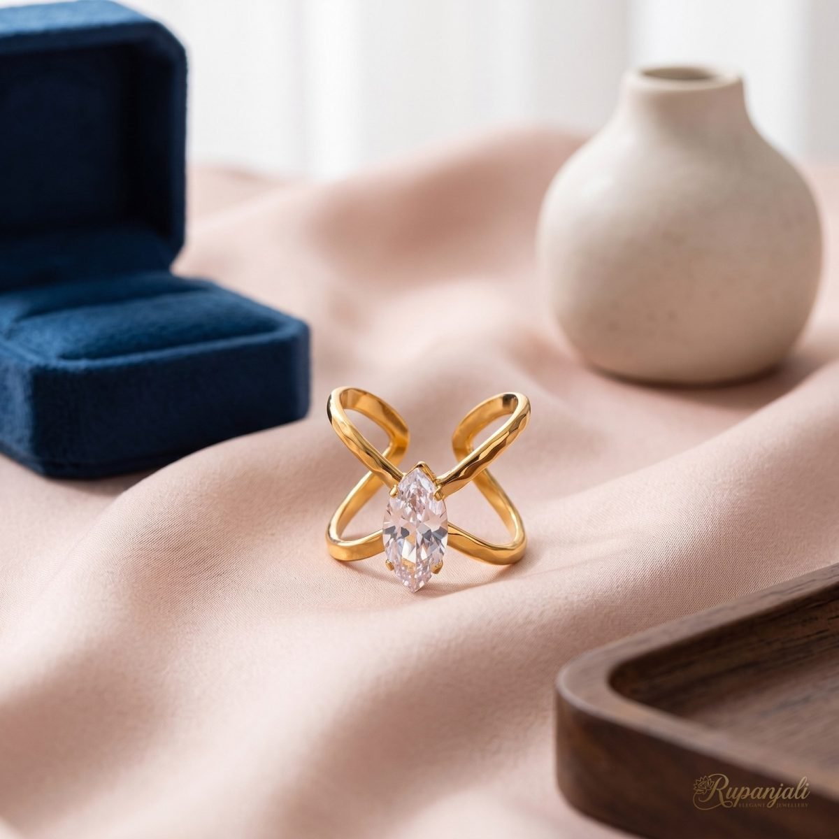 Gold Cross X Zircon Ring — Criss-Cross Marquise Statement 2