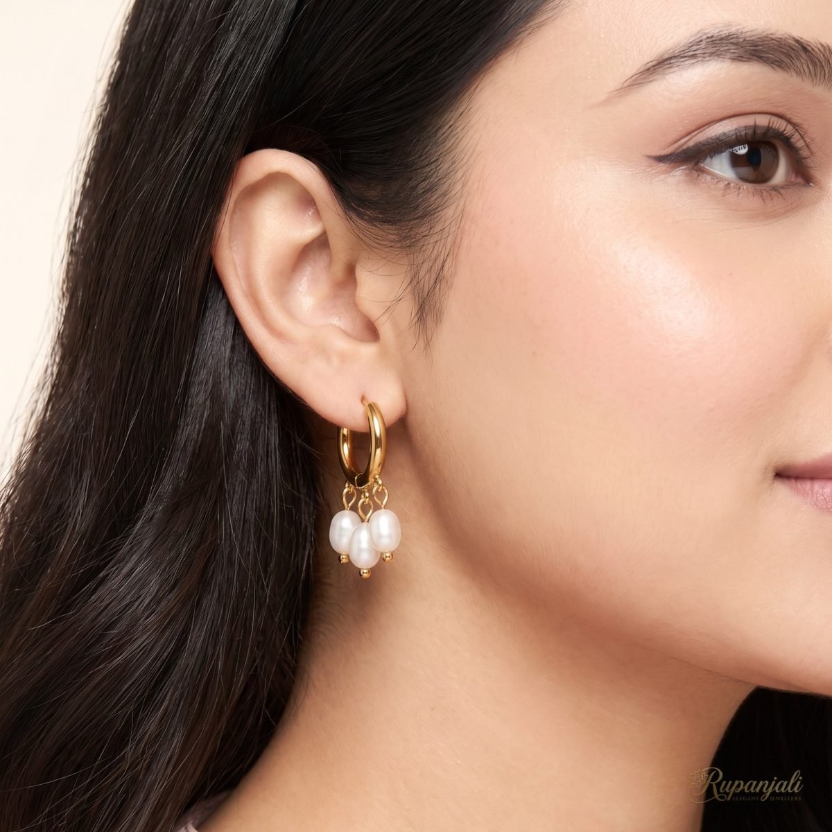 Gold Triple Pearl Hoop Earrings for Women — Freshwater Drops 5